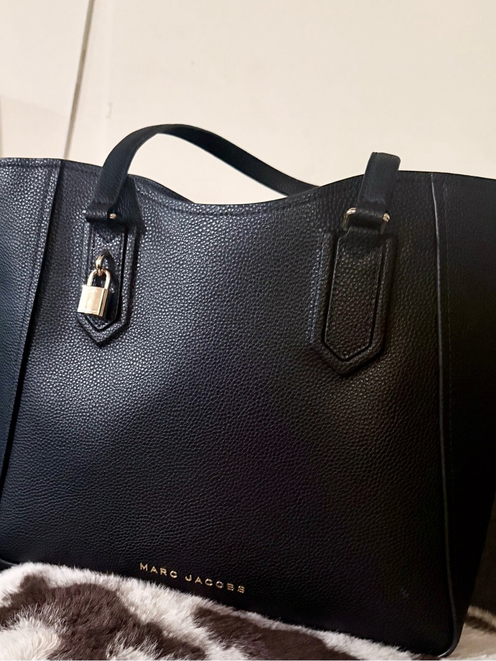 Marc Jacobs Black Pebbled Leather Tote with Gold Padlock Accent